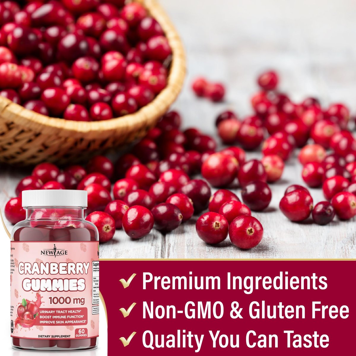 NEW AGE Cranberry Gummies 1000mg – Unterstützt Blasen-, Nieren- und Harnwegsgesundheit – Vegetarisch, 60 Gummibärchen