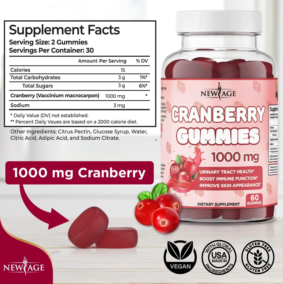NEW AGE Cranberry Gummies 1000mg – Unterstützt Blasen-, Nieren- und Harnwegsgesundheit – Vegetarisch, 60 Gummibärchen