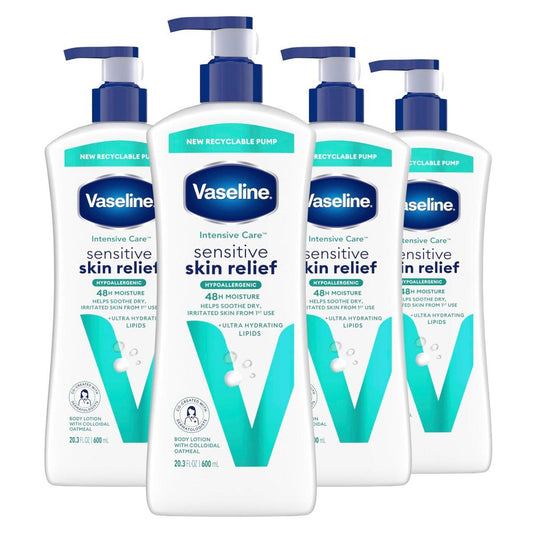 Vaseline Intensive Care Body Lotion 4er-Pack Sensitive Skin Relief für trockene Haut mit kolloidalem Hafermehl und ultra-feuchtigkeitsspendenden Lipiden 20,3 oz