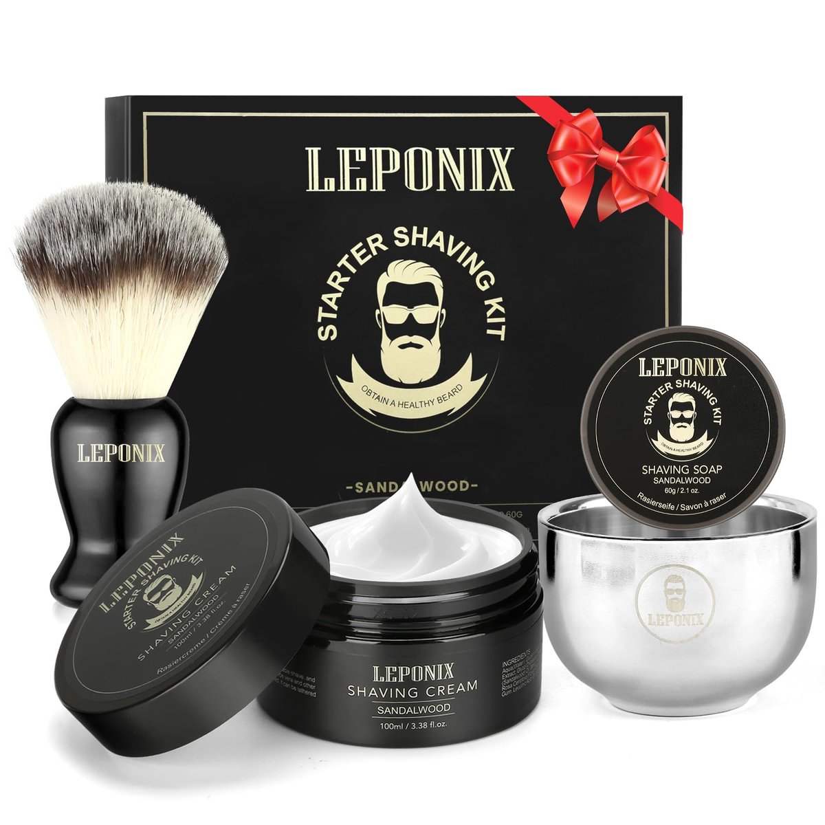 LEPONIX Herren Rasierset – Das ultimative Secret Santa Geschenkset mit Rasierseife, Pinsel, Creme & Schale – Premium Aftershave Weihnachtsgeschenk für Ihn, Ehemann, Freund – Ideale Pflege-Essentials