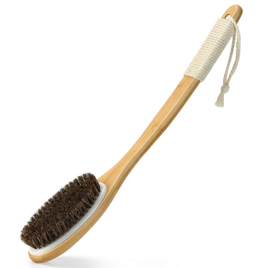 eaxun Bambus-Duschbürste mit gebogenem langem Griff – 16,7 Zoll Peeling-Rückenbürste mit Naturborsten für Männer & Frauen, Körperpeeling für Bad oder Trockenbürsten