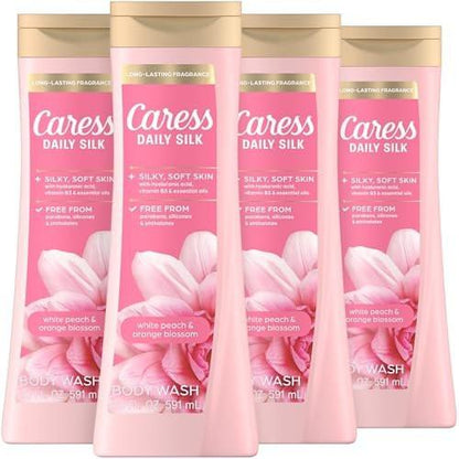 Caress Daily Silk White Peach & Orange Blossom Duschgel für Frauen, 20 fl oz, 4er-Pack – Feuchtigkeitsspendend für spürbar seidig weiche Haut