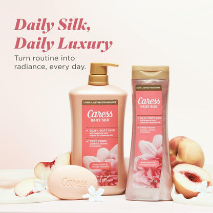 Caress Daily Silk White Peach & Orange Blossom Duschgel für Frauen, 20 fl oz, 4er-Pack – Feuchtigkeitsspendend für spürbar seidig weiche Haut