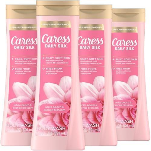 Caress Daily Silk White Peach & Orange Blossom Duschgel für Frauen, 20 fl oz, 4er-Pack – Feuchtigkeitsspendend für spürbar seidig weiche Haut