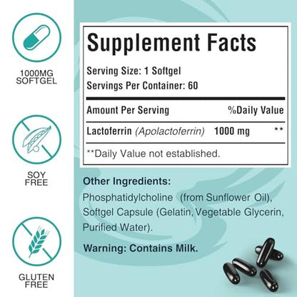 Pepeior Liposomales Rinder-Lactoferrin 1000 mg – Höhere Absorption – für Eisenaufnahme & Immunfunktion, Lactoferrin Ergänzung für Erwachsene, 60 Softgels