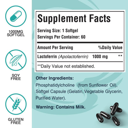 Pepeior Liposomales Rinder-Lactoferrin 1000 mg – Höhere Absorption – für Eisenaufnahme & Immunfunktion, Lactoferrin Ergänzung für Erwachsene, 60 Softgels