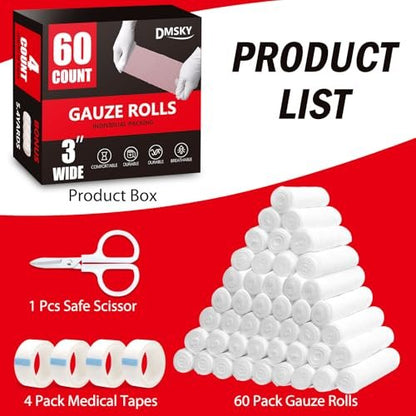 DMSKY Mullbinden 60er Pack, 7,5 cm x 3,7 m, einzeln verpackte, atmungsaktive Rollbinde, Premium Verbandswatte, Wickelbinden