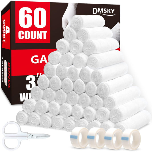 DMSKY Mullbinden 60er Pack, 7,5 cm x 3,7 m, einzeln verpackte, atmungsaktive Rollbinde, Premium Verbandswatte, Wickelbinden