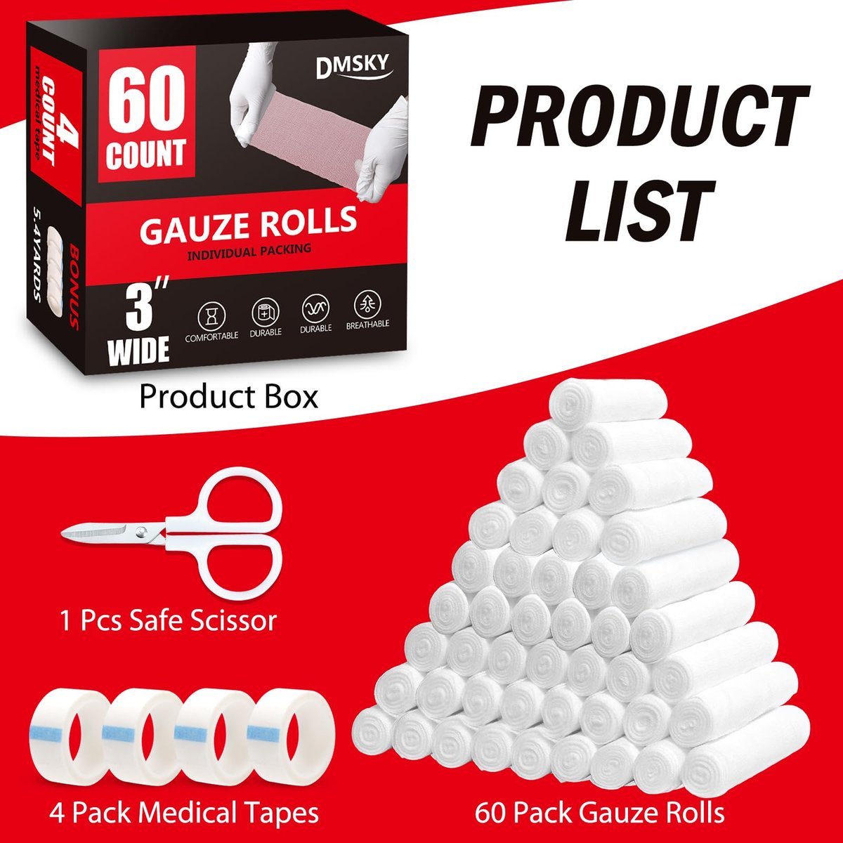 DMSKY Mullbinden 60er Pack, 7,5 cm x 3,7 m, einzeln verpackte, atmungsaktive Rollbinde, Premium Verbandswatte, Wickelbinden