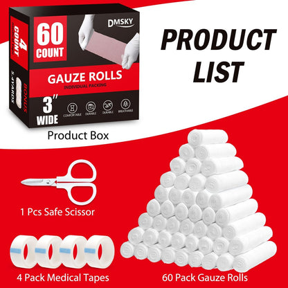 DMSKY Mullbinden 60er Pack, 7,5 cm x 3,7 m, einzeln verpackte, atmungsaktive Rollbinde, Premium Verbandswatte, Wickelbinden