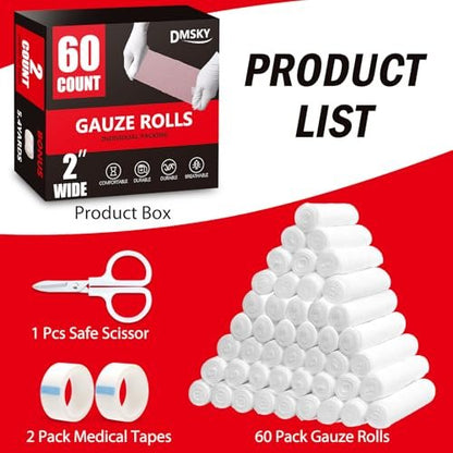 DMSKY 60er-Pack Mullbinden, 5 cm x 3,7 m, einzeln verpackte atmungsaktive Rollbinden, Premium-Erste-Hilfe- und Medizinbedarf für Wunden, Verbandswatte, Mumienwickel
