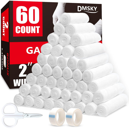 DMSKY 60er-Pack Mullbinden, 5 cm x 3,7 m, einzeln verpackte atmungsaktive Rollbinden, Premium-Erste-Hilfe- und Medizinbedarf für Wunden, Verbandswatte, Mumienwickel
