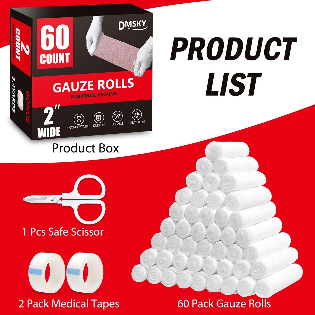 DMSKY 60er-Pack Mullbinden, 5 cm x 3,7 m, einzeln verpackte atmungsaktive Rollbinden, Premium-Erste-Hilfe- und Medizinbedarf für Wunden, Verbandswatte, Mumienwickel