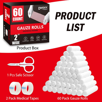 DMSKY 60er-Pack Mullbinden, 5 cm x 3,7 m, einzeln verpackte atmungsaktive Rollbinden, Premium-Erste-Hilfe- und Medizinbedarf für Wunden, Verbandswatte, Mumienwickel