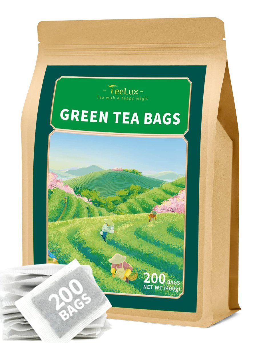 TeeLux Grüner Tee Beutel, natürlicher reiner grüner Tee, Super-Antioxidans, koffeinhaltig, unterstützt die allgemeine Gesundheit, 200 Count
