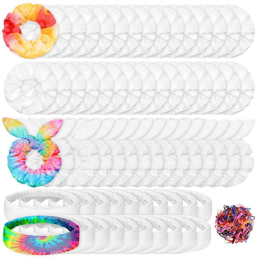 65 Stück Weiße Baumwoll-Scrunchies Haargummis für DIY Tie Dye Partybedarf - 30 Scrunchies, 15 Schleifen-Haarbänder, 20 Stirnbänder