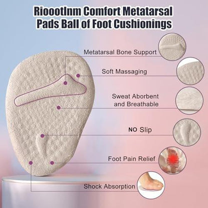 Riootlnm Metatarsal-Pads, Ball-of-Foot-Cushions, Fersenpolster für zu große Schuhe, Schmerzlinderung, rutschfeste Fersengripps für weite Schuhe, Blasen (Beige+Schwarz)