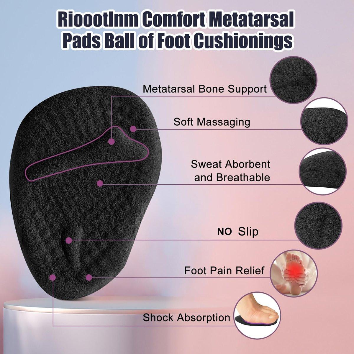 Riootlnm Metatarsal-Pads, Ball-of-Foot-Cushions, Fersenpolster für zu große Schuhe, verhindert Blasen – Schwarz