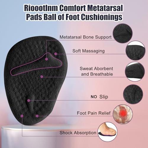 Riootlnm Metatarsal-Pads, Ball-of-Foot-Cushions, Fersenpolster für zu große Schuhe, verhindert Blasen – Schwarz