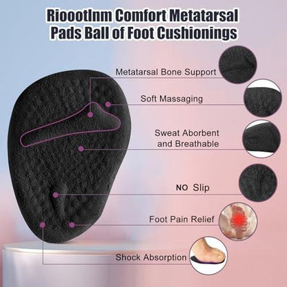 Riootlnm Metatarsal-Pads, Ball-of-Foot-Cushions, Fersenpolster für zu große Schuhe, verhindert Blasen – Schwarz