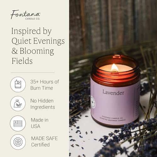 Fontana Candle Co Holzdocht Bienenwachs Kerze im Glas, Lavendel – Hergestellt mit Kokosöl & reinen ätherischen Ölen – 35+ Std sauberer Abbrand, langlebige & ungiftige Kerzen für Zuhause & Raumdekoration