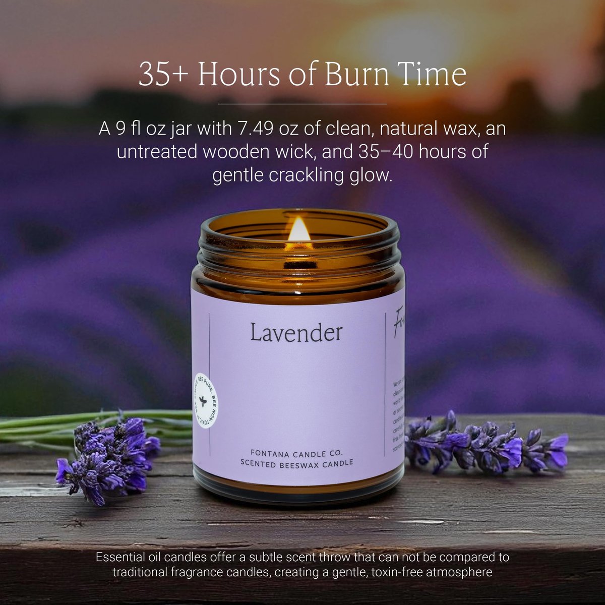 Fontana Candle Co Holzdocht Bienenwachs Kerze im Glas, Lavendel – Hergestellt mit Kokosöl & reinen ätherischen Ölen – 35+ Std sauberer Abbrand, langlebige & ungiftige Kerzen für Zuhause & Raumdekoration
