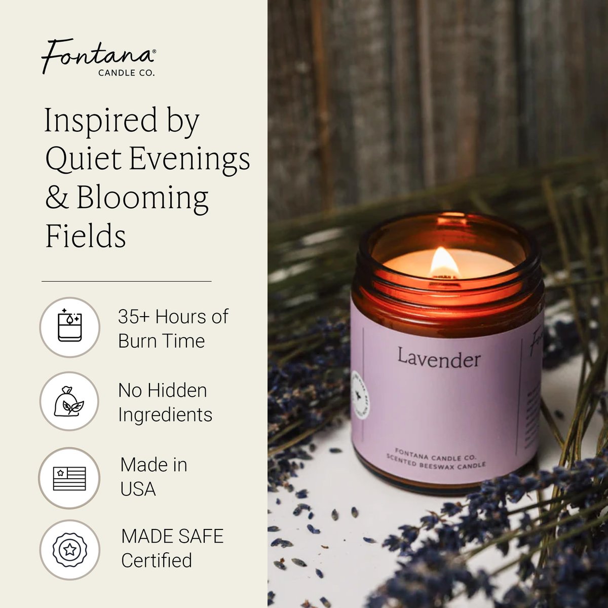 Fontana Candle Co Holzdocht Bienenwachs Kerze im Glas, Lavendel – Hergestellt mit Kokosöl & reinen ätherischen Ölen – 35+ Std sauberer Abbrand, langlebige & ungiftige Kerzen für Zuhause & Raumdekoration