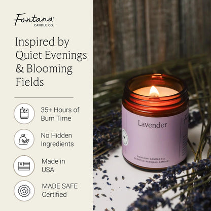 Fontana Candle Co Holzdocht Bienenwachs Kerze im Glas, Lavendel – Hergestellt mit Kokosöl & reinen ätherischen Ölen – 35+ Std sauberer Abbrand, langlebige & ungiftige Kerzen für Zuhause & Raumdekoration