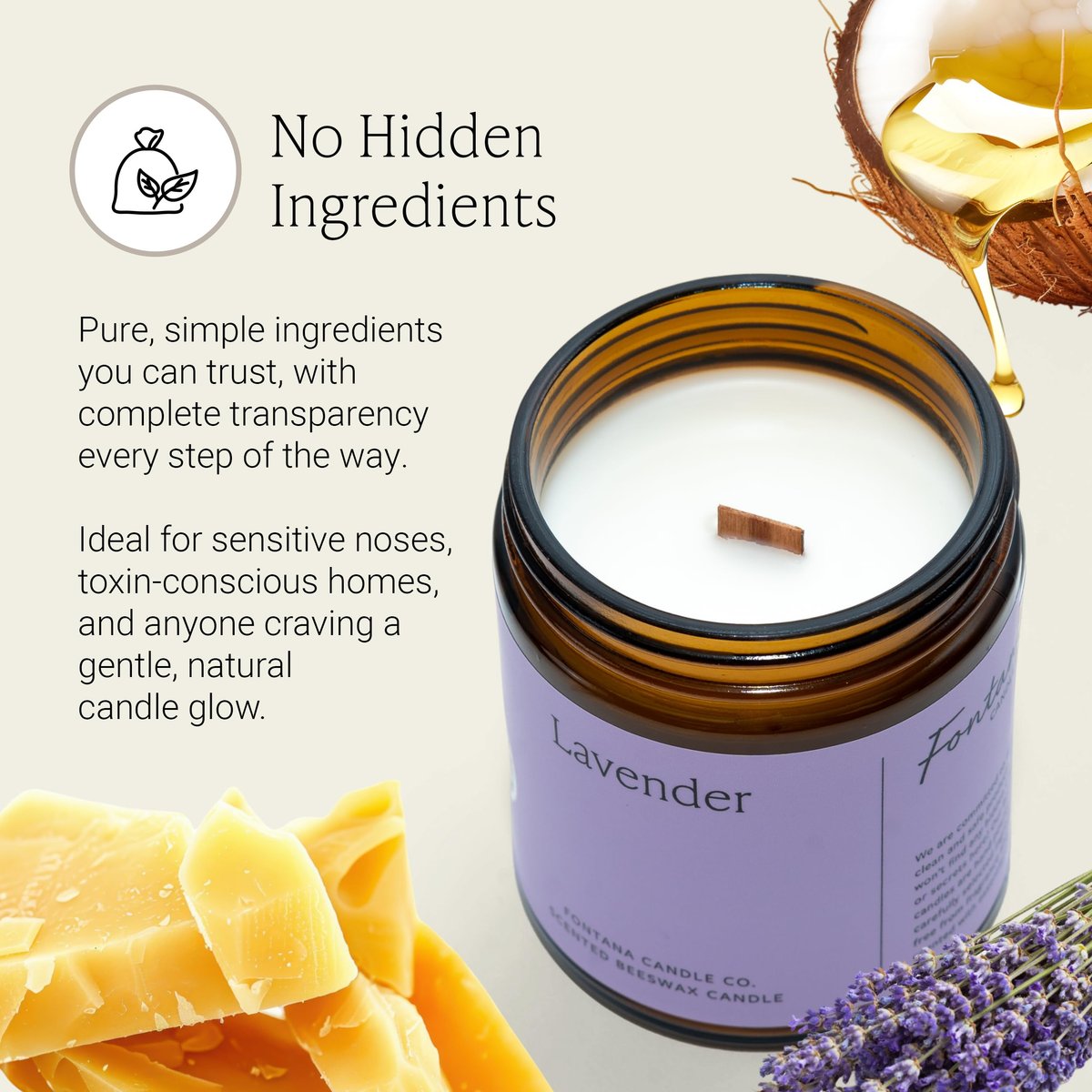 Fontana Candle Co Holzdocht Bienenwachs Kerze im Glas, Lavendel – Hergestellt mit Kokosöl & reinen ätherischen Ölen – 35+ Std sauberer Abbrand, langlebige & ungiftige Kerzen für Zuhause & Raumdekoration