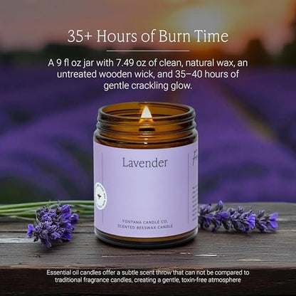 Fontana Candle Co Holzdocht Bienenwachs Kerze im Glas, Lavendel – Hergestellt mit Kokosöl & reinen ätherischen Ölen – 35+ Std sauberer Abbrand, langlebige & ungiftige Kerzen für Zuhause & Raumdekoration