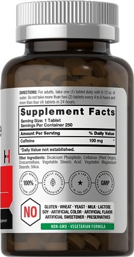 Horbäach Koffein Tabletten 100 mg | 250 Tabletten | Vegetarische Formel | Non-GMO, Glutenfrei
