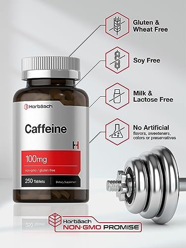 Horbäach Koffein Tabletten 100 mg | 250 Tabletten | Vegetarische Formel | Non-GMO, Glutenfrei