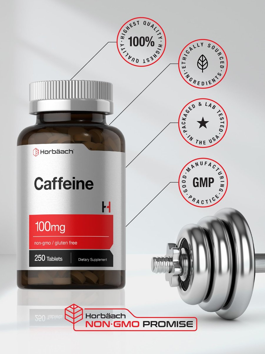 Horbäach Koffein Tabletten 100 mg | 250 Tabletten | Vegetarische Formel | Non-GMO, Glutenfrei