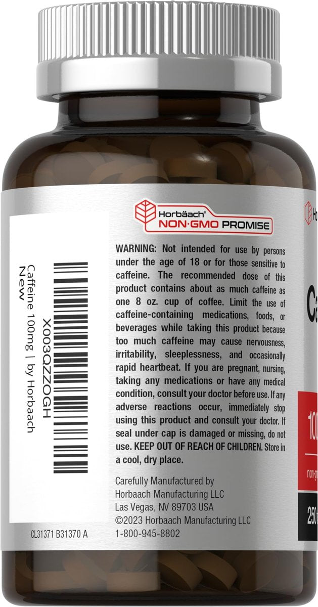 Horbäach Koffein Tabletten 100 mg | 250 Tabletten | Vegetarische Formel | Non-GMO, Glutenfrei