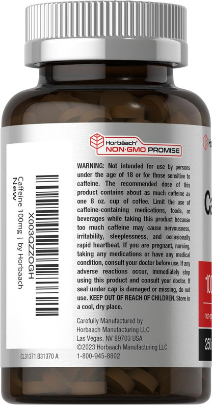 Horbäach Koffein Tabletten 100 mg | 250 Tabletten | Vegetarische Formel | Non-GMO, Glutenfrei