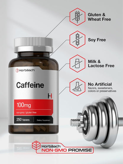 Horbäach Koffein Tabletten 100 mg | 250 Tabletten | Vegetarische Formel | Non-GMO, Glutenfrei