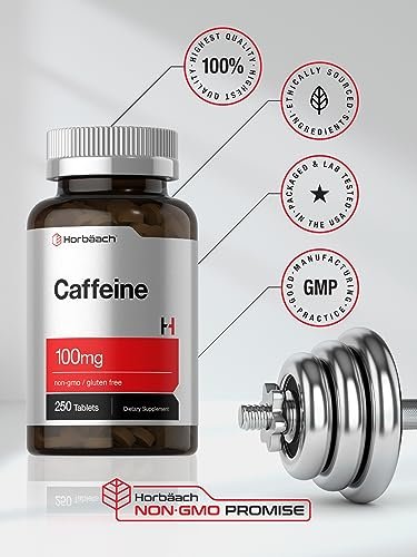 Horbäach Koffein Tabletten 100 mg | 250 Tabletten | Vegetarische Formel | Non-GMO, Glutenfrei