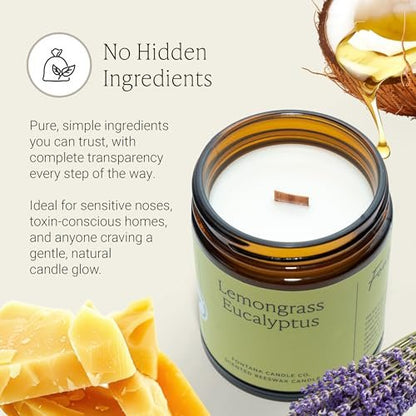 Fontana Candle Co Holzdocht Bienenwachs Kerze im Glas, Lemongrass Eukalyptus – Hergestellt mit Kokosöl & reinen ätherischen Ölen – 35+ Std sauberer Brand, langlebig & ungiftig für Wohn- & Raumdekoration