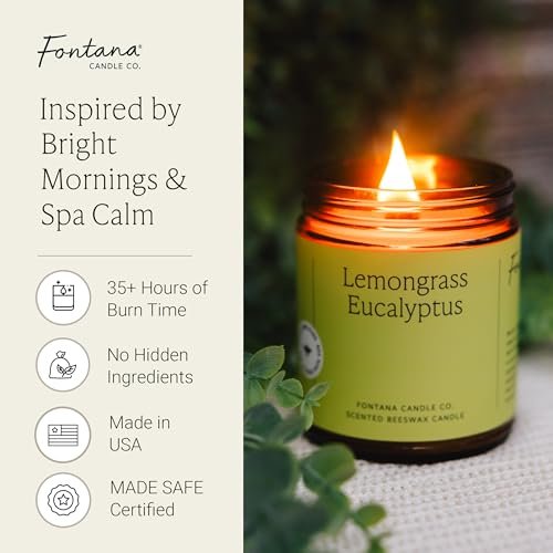 Fontana Candle Co Holzdocht Bienenwachs Kerze im Glas, Lemongrass Eukalyptus – Hergestellt mit Kokosöl & reinen ätherischen Ölen – 35+ Std sauberer Brand, langlebig & ungiftig für Wohn- & Raumdekoration