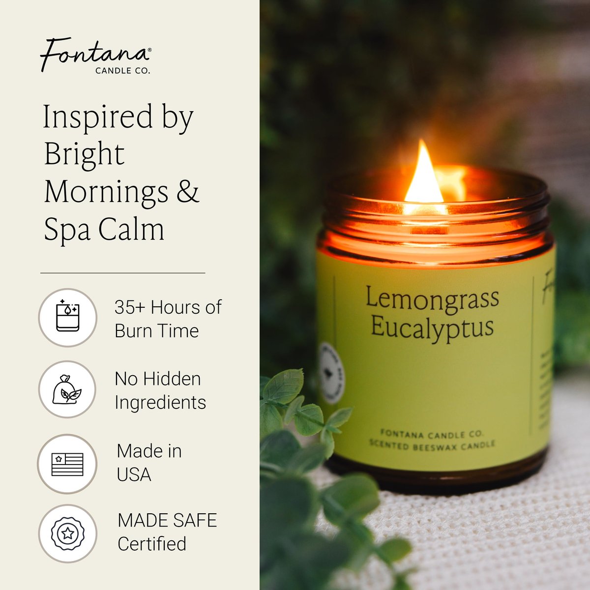 Fontana Candle Co Holzdocht Bienenwachs Kerze im Glas, Lemongrass Eukalyptus – Hergestellt mit Kokosöl & reinen ätherischen Ölen – 35+ Std sauberer Brand, langlebig & ungiftig für Wohn- & Raumdekoration