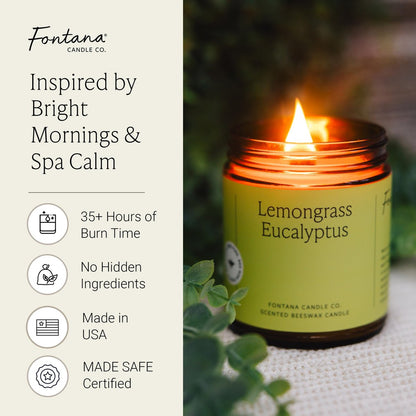 Fontana Candle Co Holzdocht Bienenwachs Kerze im Glas, Lemongrass Eukalyptus – Hergestellt mit Kokosöl & reinen ätherischen Ölen – 35+ Std sauberer Brand, langlebig & ungiftig für Wohn- & Raumdekoration