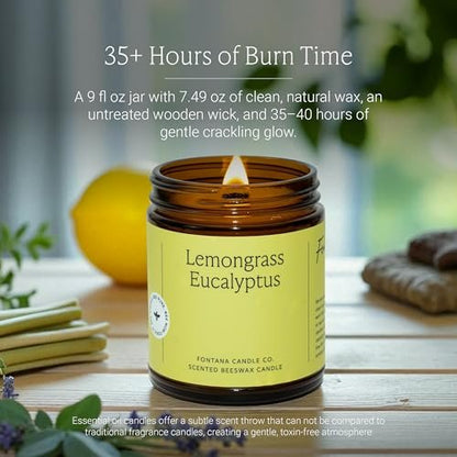 Fontana Candle Co Holzdocht Bienenwachs Kerze im Glas, Lemongrass Eukalyptus – Hergestellt mit Kokosöl & reinen ätherischen Ölen – 35+ Std sauberer Brand, langlebig & ungiftig für Wohn- & Raumdekoration