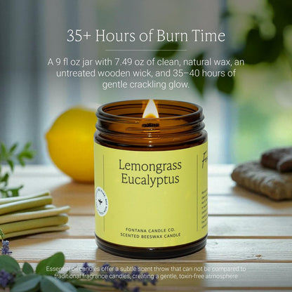 Fontana Candle Co Holzdocht Bienenwachs Kerze im Glas, Lemongrass Eukalyptus – Hergestellt mit Kokosöl & reinen ätherischen Ölen – 35+ Std sauberer Brand, langlebig & ungiftig für Wohn- & Raumdekoration