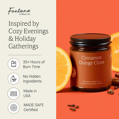 Fontana Candle Co Holzdocht Bienenwachs Kerze im Glas – Zimt Orange Nelke – Hergestellt mit Kokosöl & reinen ätherischen Ölen – 35+ Std sauberer Brand, langlebig & ungiftig für Zuhause & Raumdekoration