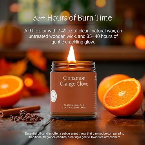 Fontana Candle Co Holzdocht Bienenwachs Kerze im Glas – Zimt Orange Nelke – Hergestellt mit Kokosöl & reinen ätherischen Ölen – 35+ Std sauberer Brand, langlebig & ungiftig für Zuhause & Raumdekoration