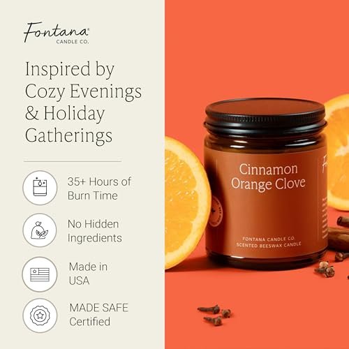 Fontana Candle Co Holzdocht Bienenwachs Kerze im Glas – Zimt Orange Nelke – Hergestellt mit Kokosöl & reinen ätherischen Ölen – 35+ Std sauberer Brand, langlebig & ungiftig für Zuhause & Raumdekoration