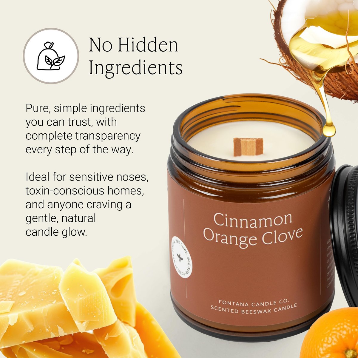 Fontana Candle Co Holzdocht Bienenwachs Kerze im Glas – Zimt Orange Nelke – Hergestellt mit Kokosöl & reinen ätherischen Ölen – 35+ Std sauberer Brand, langlebig & ungiftig für Zuhause & Raumdekoration