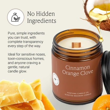 Fontana Candle Co Holzdocht Bienenwachs Kerze im Glas – Zimt Orange Nelke – Hergestellt mit Kokosöl & reinen ätherischen Ölen – 35+ Std sauberer Brand, langlebig & ungiftig für Zuhause & Raumdekoration