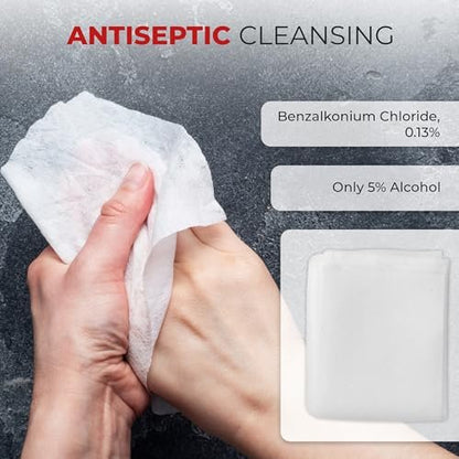 Benzalkonium BZK-Tücher [Packung mit 100] – 5”x7” Antiseptische Reinigungstücher, Erste-Hilfe-Tücher, einzeln verpackt zur Hautreinigung