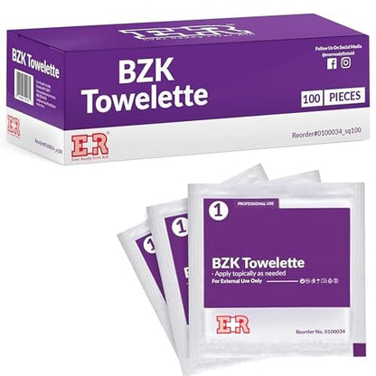 Benzalkonium BZK-Tücher [Packung mit 100] – 5”x7” Antiseptische Reinigungstücher, Erste-Hilfe-Tücher, einzeln verpackt zur Hautreinigung